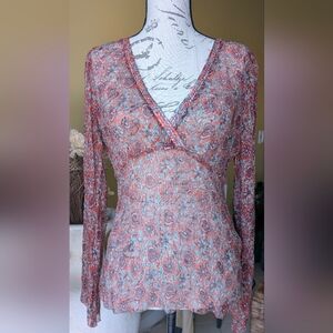 NWT Elie Tahari 100% Silk Red & Blue Floral Sheer Dorothy Blouse Size Medium